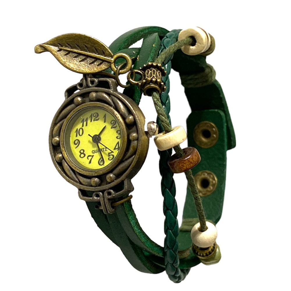 Vintage Style Wrap Bracelet Watch Leaf Green 1 Piece Snap Button Closure